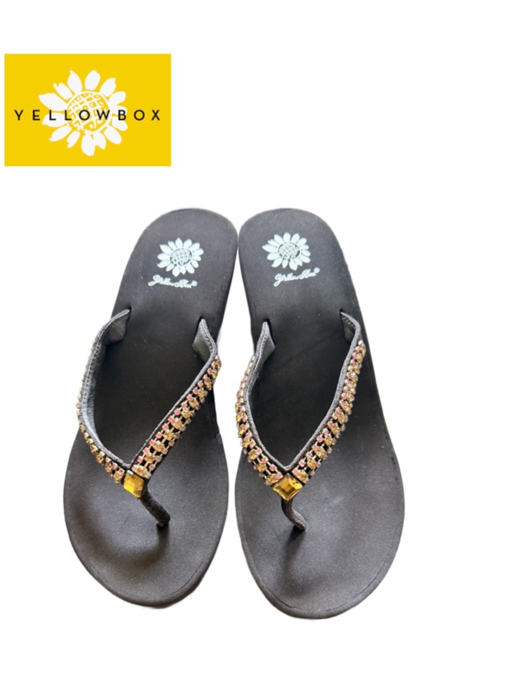 Yellow Box Black Wedge Sandals with Multicolor Rhinestone Straps